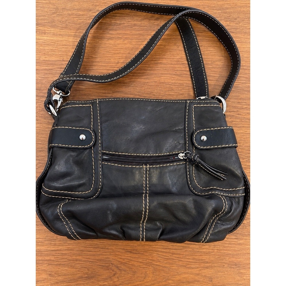 Tignanello Black Leather Shoulder Bag Purse Floral Lining Silver Hardware